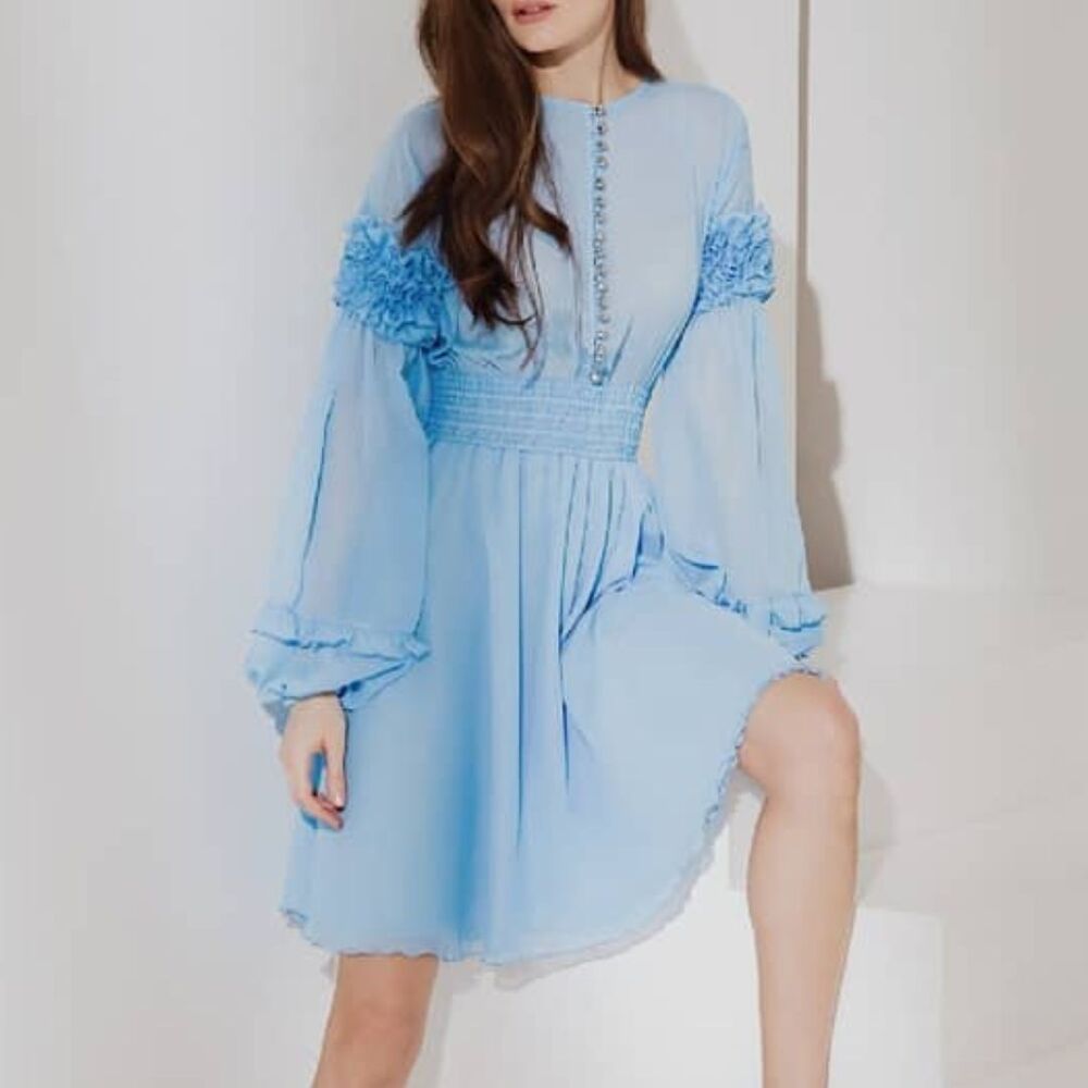 Elena Guranda Blue Ruffled Dress Semi Sheer Balloon Sleeve Sz Medium - Picture 2 of 14